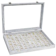 100 Slot Jewelry Display Case Ring Organizer Box Tray Glass Top Storage Grey