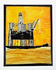 Oil Well Platform Painted Glass Picture Art 8x10 Offshore Drilling Rig