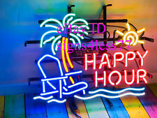 Happy Hour Palm Tree Sun Chair 17x14 Neon Light Sign Lamp Beer Bar Glass