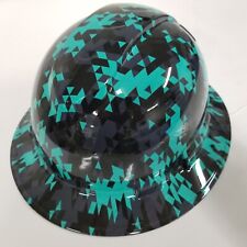 Full Brim Hard Hat Custom Hydro Dipped In Turquoise Teal Abstract Tactical Camo
