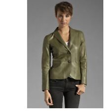 995 Vintage Vince Womens Sz 6 Olive Green Buttons Front Leather Blazer Jacket