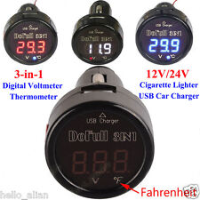 3in1 Led Digital Voltmeter Thermometer 12v 24v Car Cigarette Lighter Usb Charger