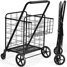 Topbuy Folding Shopping Cart Jumbo Double Basket Grocery Cart With Wheels