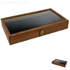 Brown Wood Glass Top Lid Black Pad Display Box Case Medals Awards Jewelry New