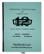 Sears Craftsman 12 Lathe 10128900amp10128910 Op Instruction Parts Manual 1585