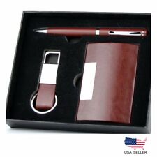 Leather Business Card Case Holder Pen And Keychain Luxury Gift Set Brown Color