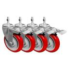 4 Pack 5 Inch Stem Caster Swivel With Front Brake Red Polyurethane Caster Wheels