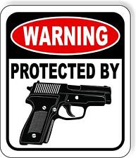 Warning Protected By Handgun Metal Outdoor Sign Long Lasting