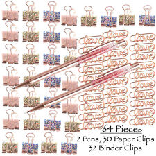 Rose Gold Stationery Love Paper Clips Binder Clamps Black Ink Ballpoint Pens