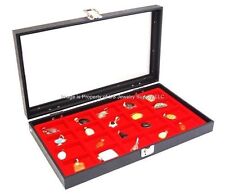 1 Glass Top Lid Red 18 Space Storage Display Box Case Jewelry Pocket Watch Coin