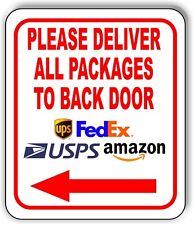 Please Deliver All Packages To Back Door Left Arrow Outdoor Metal Sign