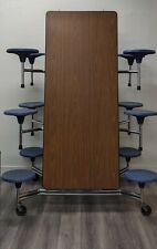 12ft Cafeteria Lunch Table With Blue Seat Walnut Wood Grain Top Elementary Size