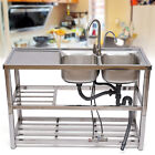 Stainless Steel Commercial Home Kitchen Sink 2 Bowls Catering Prep Table Faucet