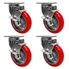 4 Pack 5 Heavy Duty Caster Wheels Polyurethane Red Swivel Plate Side Lock Brake