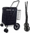 Double Basket Folding Grocery Shopping Cart Black With Swivel Wheels Liner