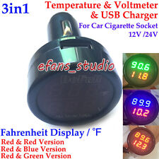3in1 Car Auto Digital Led Thermometer Usb Charger Cigarette Voltmeter 12v24v