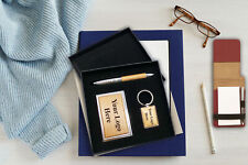 Personalized Business Card Case Pen And Keychain Wood Finish Office Gift Set