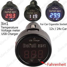 3in1 Digital Led 12v 24v Car Cigarette Lighter Voltmeter Thermometer Usb Charger