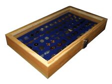 Natural Wood Glass Top Lid Blue Cufflinks Jewelry Display Storage Box Case