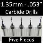 .053 1.35mm - Five Carbide Drill Bits - Models Hobby Pcb Cnc Dremel Rs