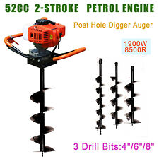 52cc Gas Powered Earth Auger Post Hole Digger Borer Fence Ground Drill 3 Bits