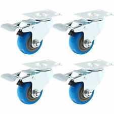 Set 4 Swivel Plate Casters 3 Blue Polyurethane Wheels Total Lock Brake