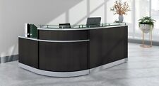 L Shaped Reception Desk Has Glass Counters Reversible Return In Brown Or Gray