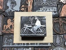 Antique Vtg Man Riding Motorcycle Letterpress Print Type Cut Ornament Block