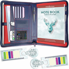 Leather Portfolio Zippered Closure Tablet Sleeve With Bookmarks Writing Pad Blue