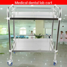 2 Tiers Trolley Stainless Steel Dental Lab Mobile Rolling Serving Cart Trolley