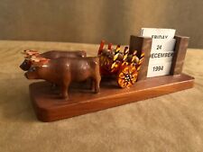 Vintage Calendar Wood Ox Pulling Wagon Perpetual Shelf Figurine Desk Bull Oxen