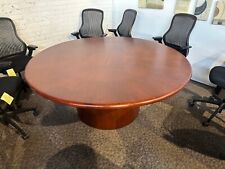6 Round Wood Conference Table In Cherry Finish W Drum Cylinder Base