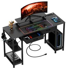 47 Computer Desk With Drawer Shelves Charging Ports Gaming Writing Work Carbon