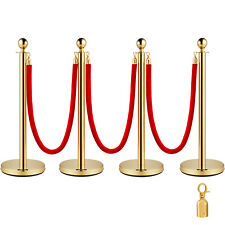 4pcs Gold Stanchion Posts Queue Pole With 3 Velvet Ropes Crowd Control Barrier