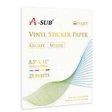 A-sub Vinyl Sticker Paper High Glossy White Waterproof Removable 25 Sheet 8.5x11