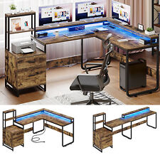 Led L Shaped Desk With Power Outlet 87 Reversible Computer Desk With Drawers