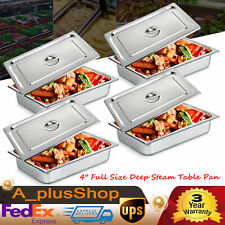 4-pan 4 Full Size Deep Steam Table Pans With Lids Food Buffet Stainless Steel