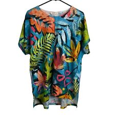 Jess And Jane Large Tunic Top Womens Blue Colorful Tropical Floral Short Sleeve