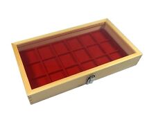 Natural Wood Glass Top Lid Red 18 Space Pocket Watch Display Case