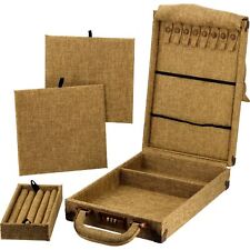 Portable Jewelry Burlap Display Travel Case W Chain Snaps Removable Ring Tray