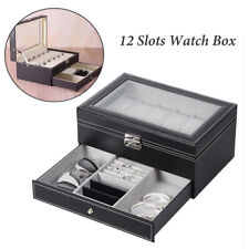 12 Slots Pu Leather Watch Box Glass Top Jewelry Display Organizer Lockable Case