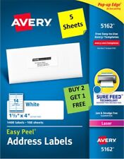 5 Sheets Avery 59625162 White Address Labels 1-13 X 4 Laser B2g1