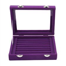 7 Slots Velvet Glass Ring Earrings Jewelry Box Display Case Purple