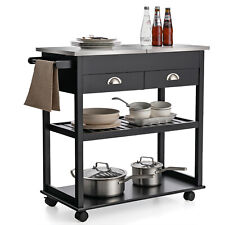 Rolling Kitchen Island Utility Trolley Cart With Stainless Steel Flip Top Black