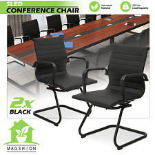 Pair Setblack Leather Sled Base Guest Chair Meeting Room Conference Clerk Seat