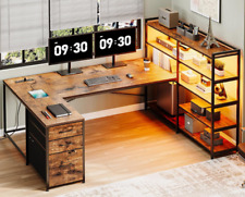 U-shaped Desk Large Bookcase Brown Office Gaming Power Outlet Led Lights Shelves