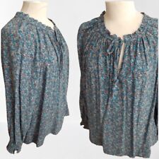 Loft Floral Career Work Blue Cinched Sleeve Blouse Top Llarge Rayon