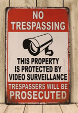 Warning No Trespassing Tin Metal Sign Video Surveillance Camera In Use Yz