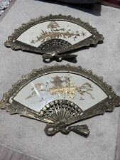 Pair2 Gilded Brass Victorian Fan Oriental Silk Screen Frames 17x10 Tabletop