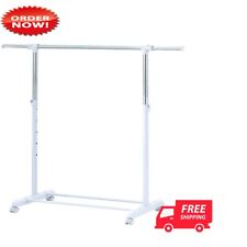 Heavy Clothes Hanger Adjustable Height Rolling Garment Rack Metal Chrome White
